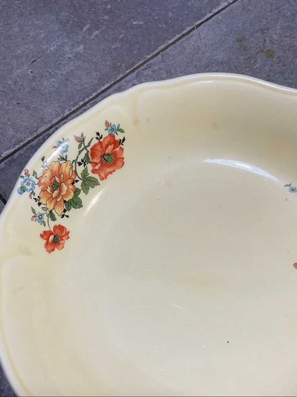 Yellow Floral Ceramic Serving Bowl with Orange Flower Accents